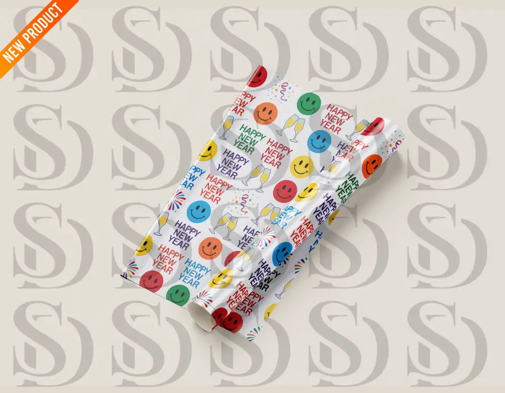 A vibrant wrapping paper featuring colorful smiley faces, fireworks, gift boxes, and the text "Happy New Year" in bright colors. Perfect for festive occasions.