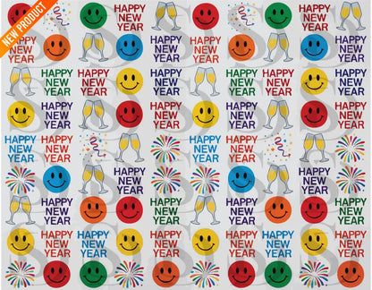 A seamless pattern with colorful smiley faces, fireworks, gift boxes, and “Happy New Year” text in vibrant, bold colors.