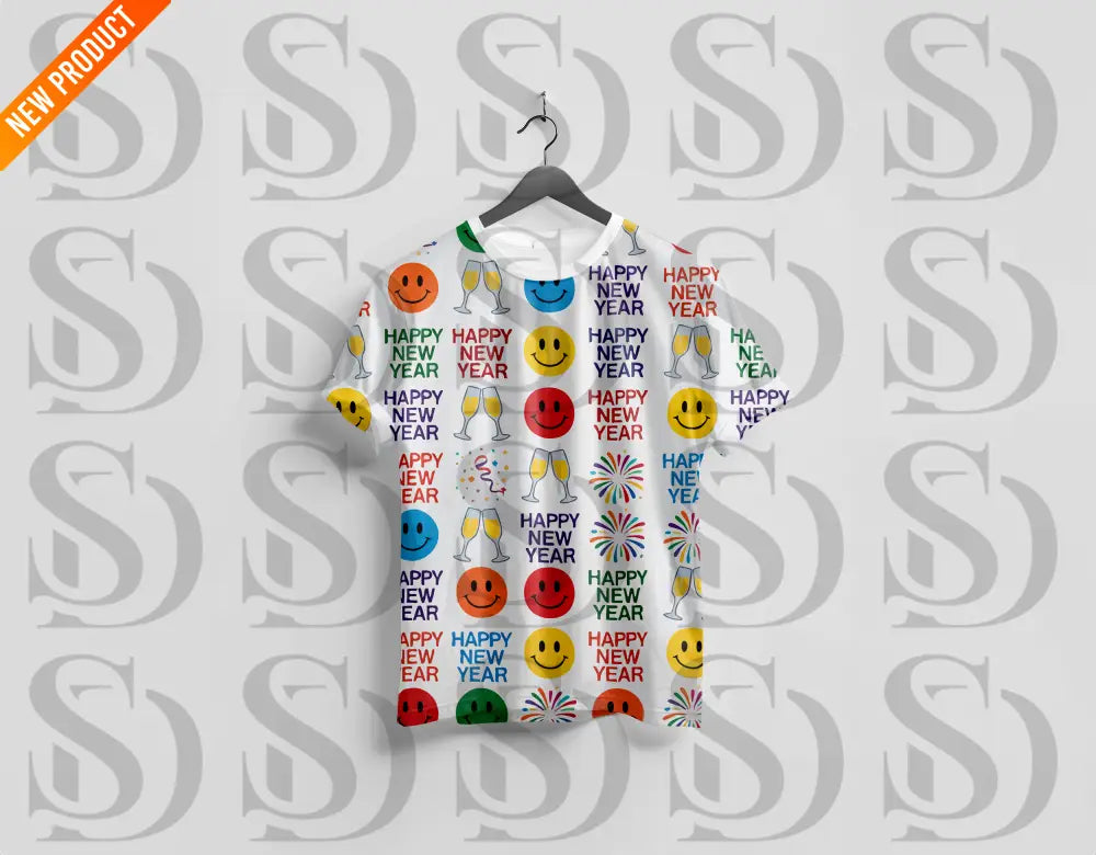 A t-shirt design featuring a fun New Year theme with smiley faces, fireworks, and gift boxes along with the text "Happy New Year" in a colorful layout.