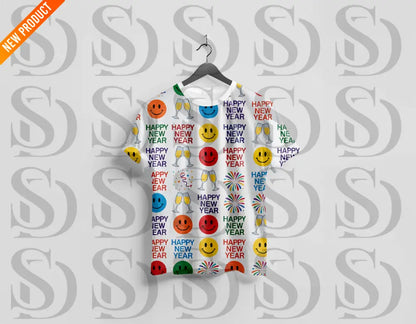 A t-shirt design featuring a fun New Year theme with smiley faces, fireworks, and gift boxes along with the text "Happy New Year" in a colorful layout.