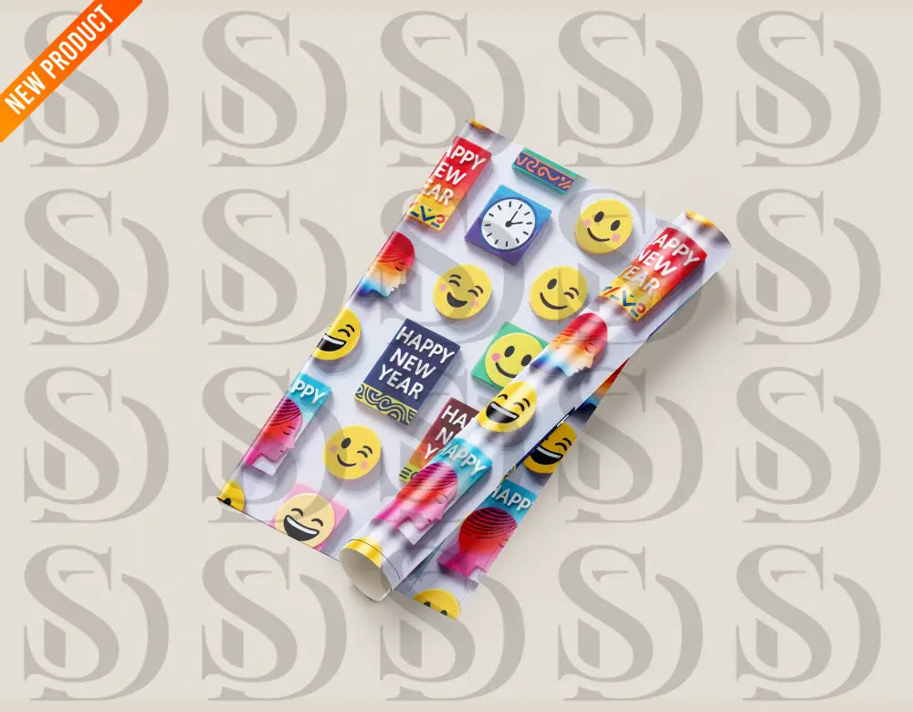 Happy New Year emoji pattern printed on gift wrap paper.