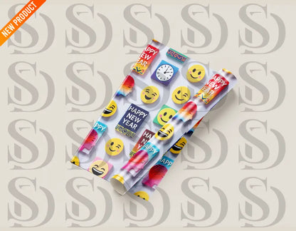 Happy New Year emoji pattern printed on gift wrap paper.