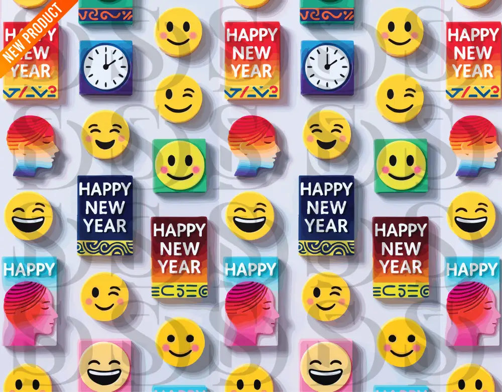Close-up of the Happy New Year emoji pattern, featuring clocks, smiley faces, and fireworks