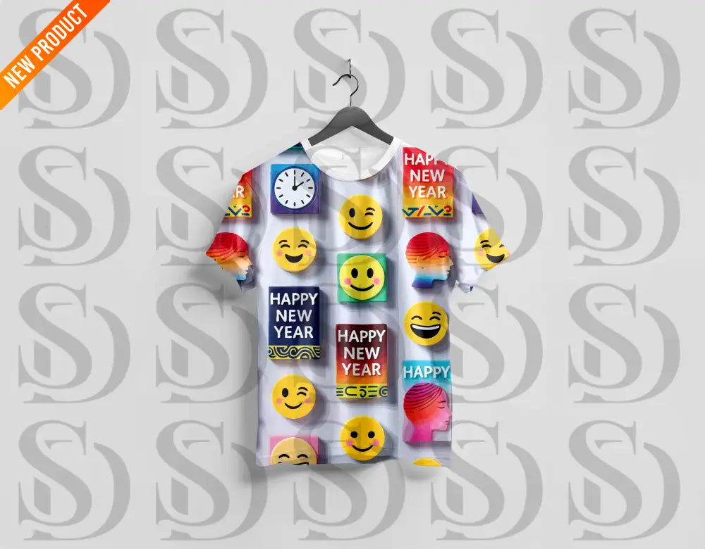 T-shirt with vibrant Happy New Year emoji print design.