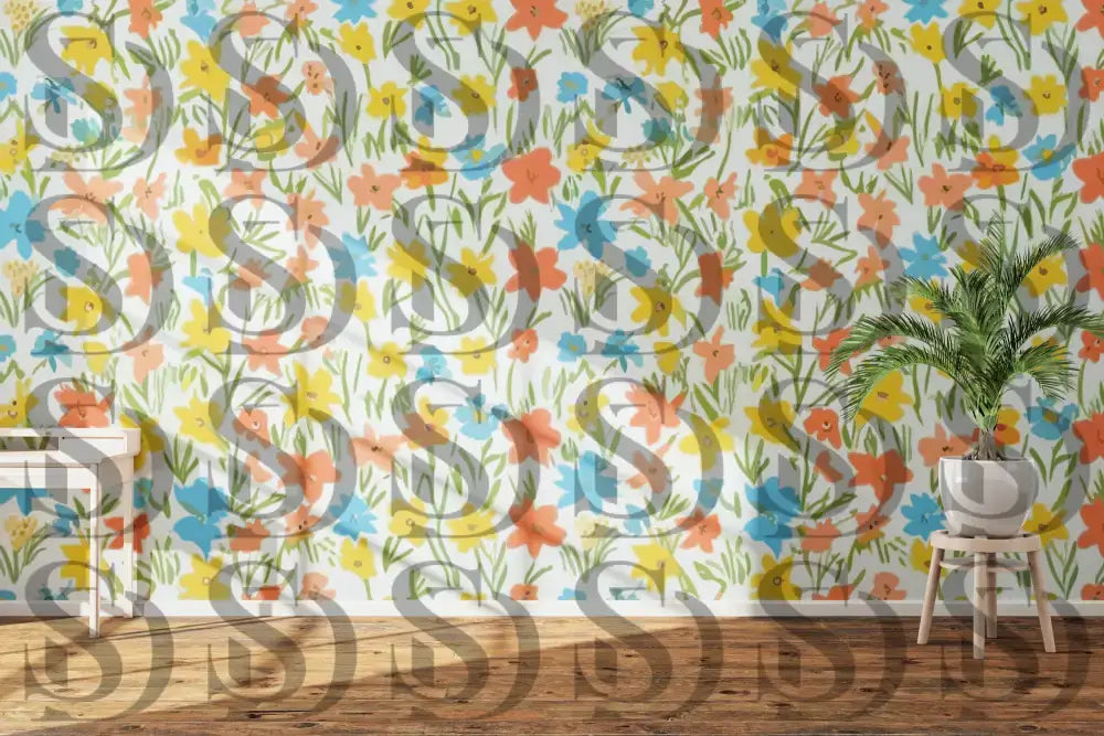Interior wall decorated with vibrant summer floral wallpaper design