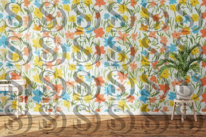 Interior wall decorated with vibrant summer floral wallpaper design