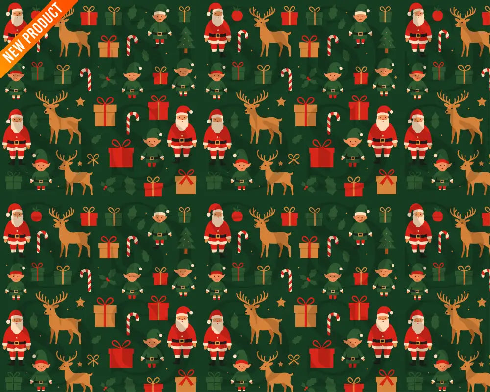 Full seamless pattern tile with Santa, reindeer, gifts, candy canes, holly leaves, and stars on a dark green background.