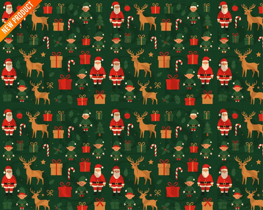 Full seamless pattern tile with Santa, reindeer, gifts, candy canes, holly leaves, and stars on a dark green background.