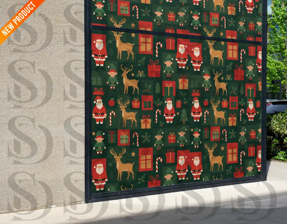 Storefront mockup showing the Christmas Santa and Reindeer pattern applied as a large wall display.