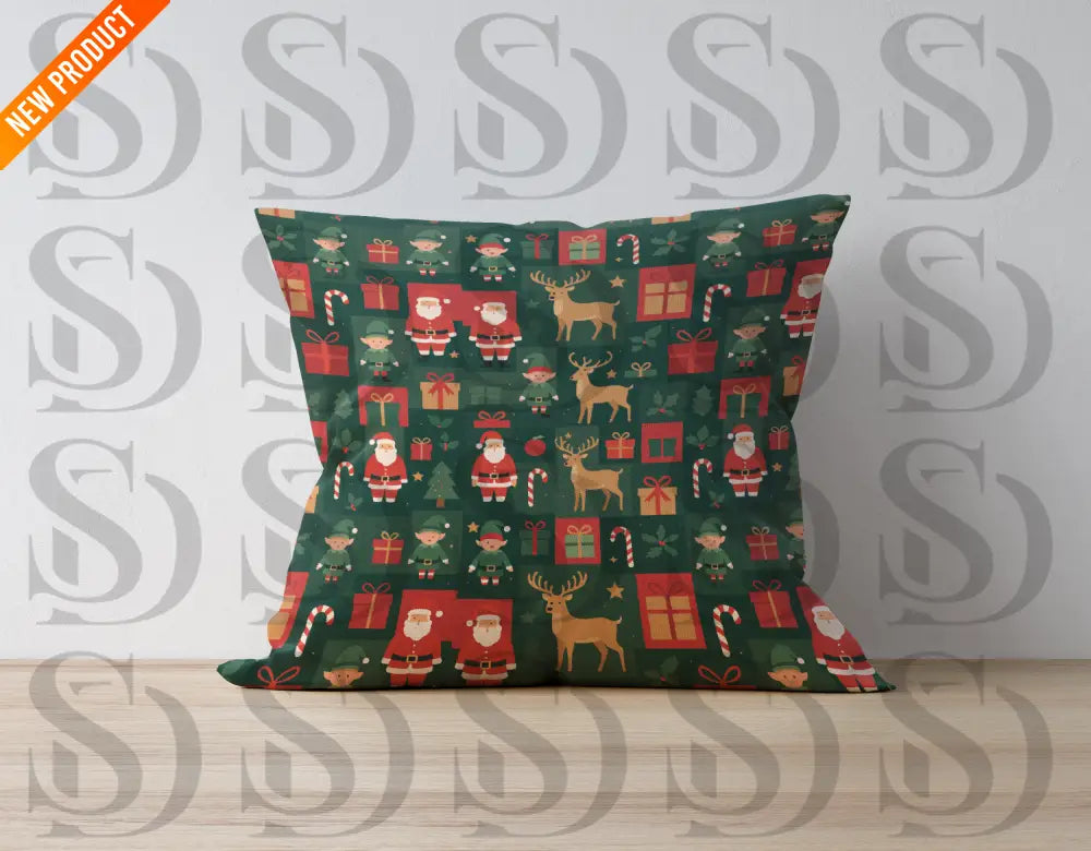 Cushion mockup featuring the Christmas Santa and Reindeer seamless pattern on a dark green background