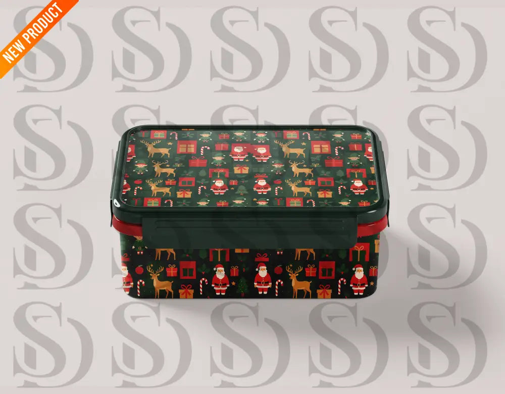 Lunchbox mockup displaying the festive Santa and Reindeer seamless pattern on a dark green base.