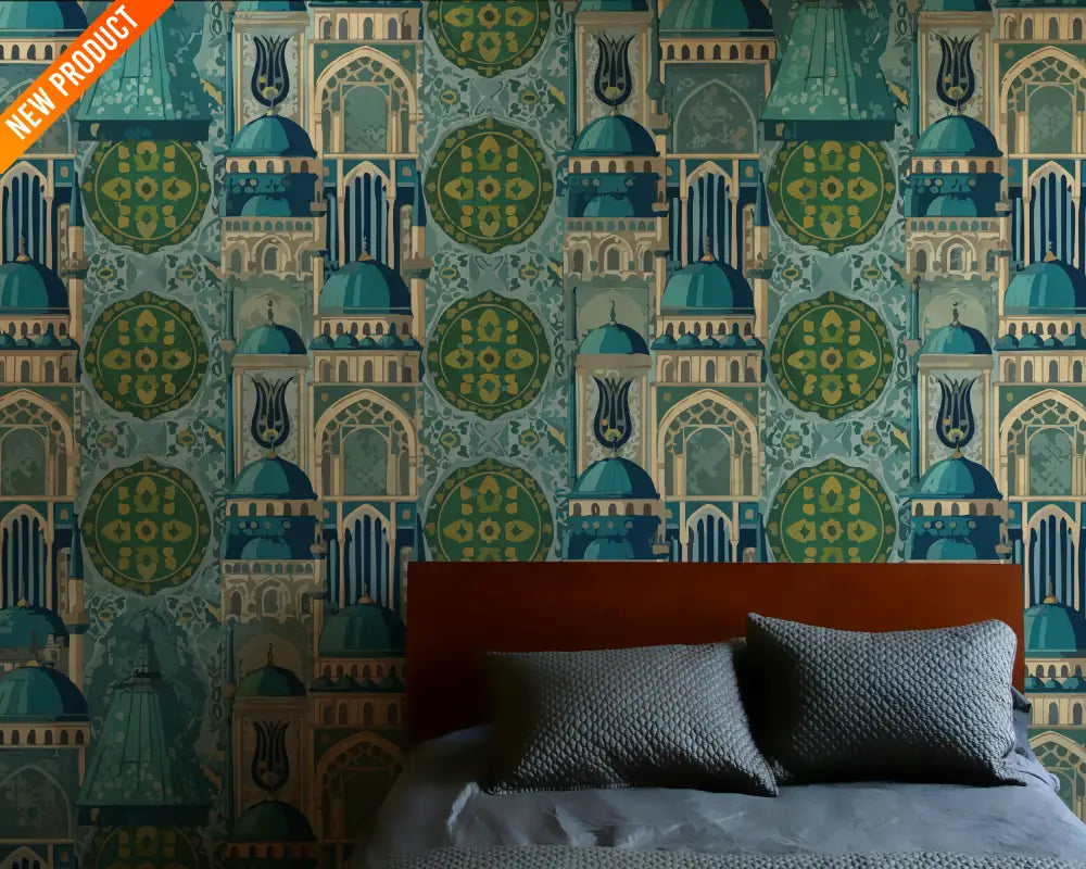 Islamic Architecture Mosaic – Teal & Gold Masjid Domes & Arches Seamless Pattern Seamless Pattern