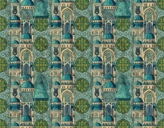 Islamic Architecture Mosaic – Teal & Gold Masjid Domes & Arches Seamless Pattern Seamless Pattern