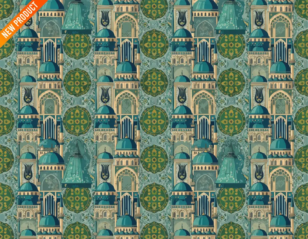 Islamic Architecture Mosaic – Teal & Gold Masjid Domes & Arches Seamless Pattern Seamless Pattern