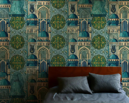 Islamic Architecture Mosaic – Teal & Gold Masjid Domes & Arches Seamless Pattern Seamless Pattern