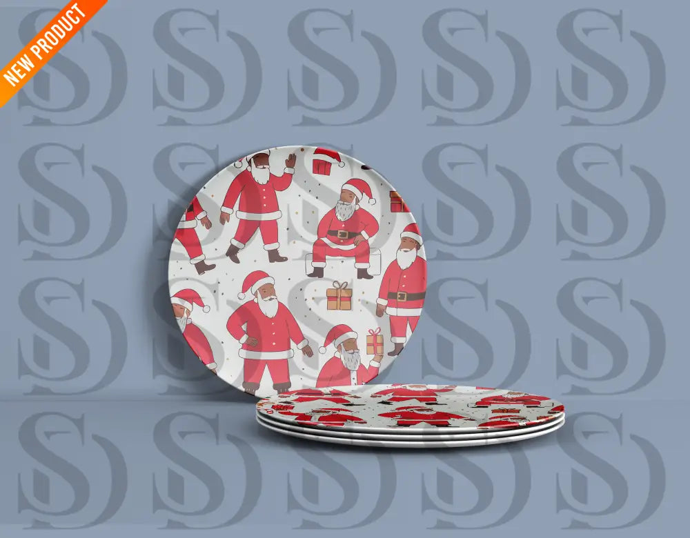 Mockup of ceramic plates featuring the jolly Santa seamless Christmas pattern.
