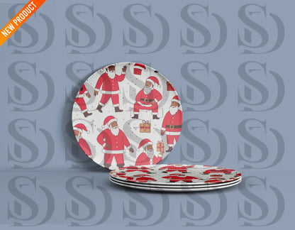 Mockup of ceramic plates featuring the jolly Santa seamless Christmas pattern.