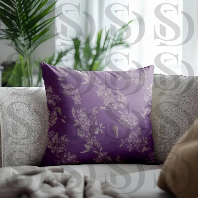 Lavender botanical floral cushion cover fabric displayed on modern sofa