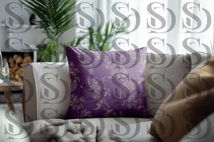 Lavender botanical floral cushion cover fabric displayed on modern sofa
