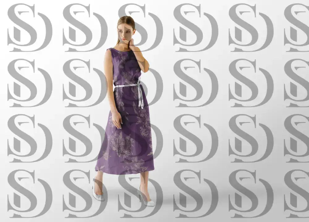 Lavender floral fabric pattern used in women’s sleeveless dress design