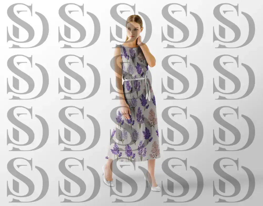 Elegant lavender botanical pattern shown on a flowing dress mockup
