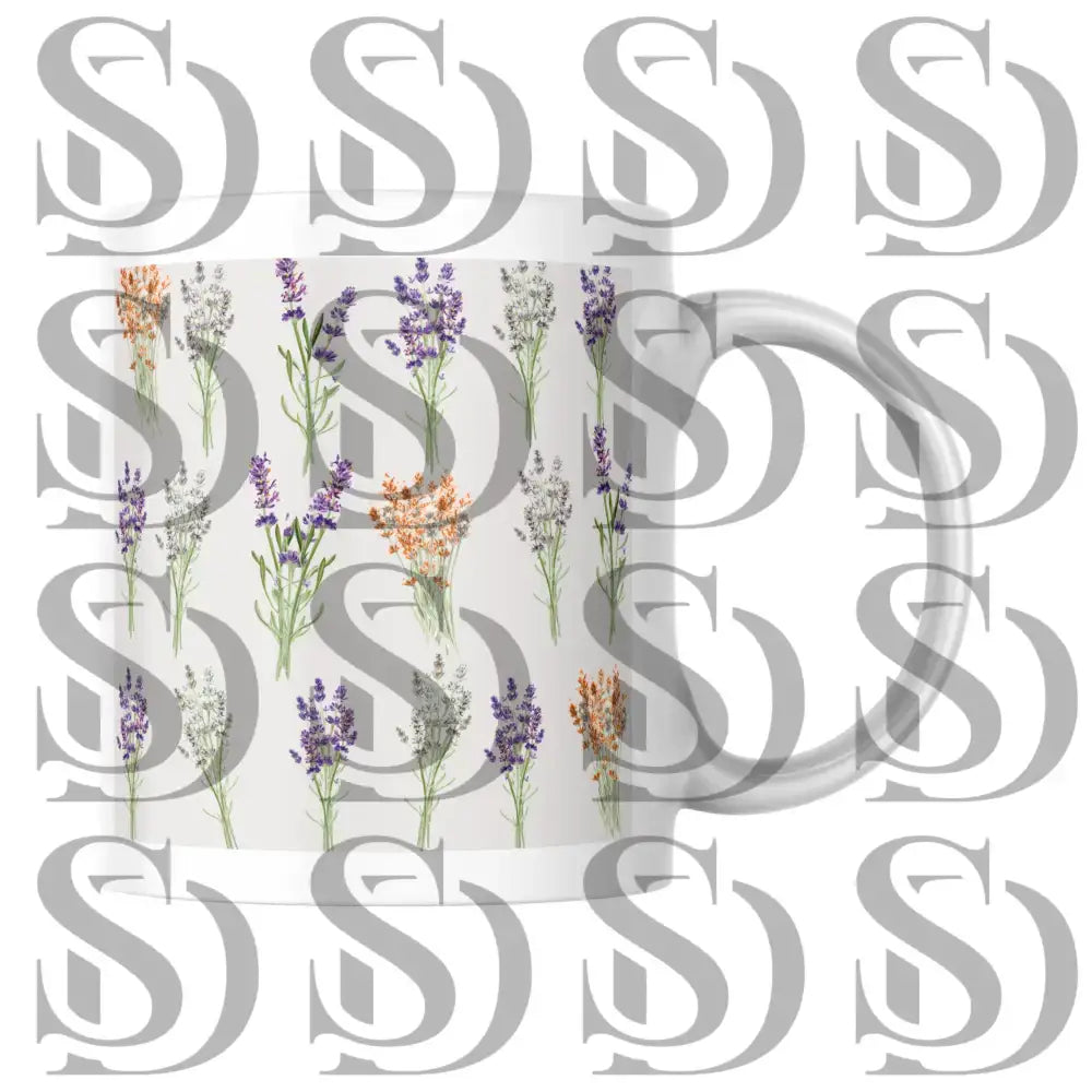 Lavender and wildflower pattern applied on a ceramic mug mockup