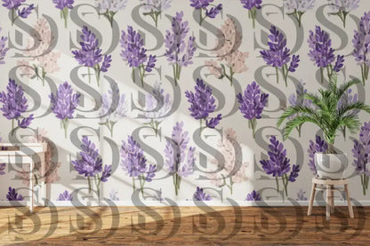 Lavender floral seamless pattern used as wallpaper in a modern interior
