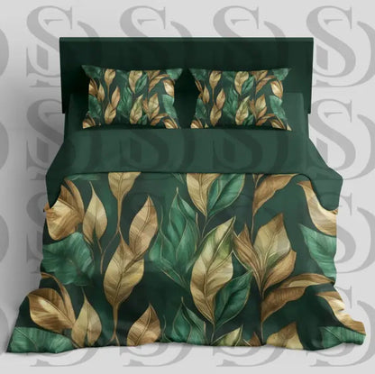 Green and gold botanical leaf pattern bedding mockup