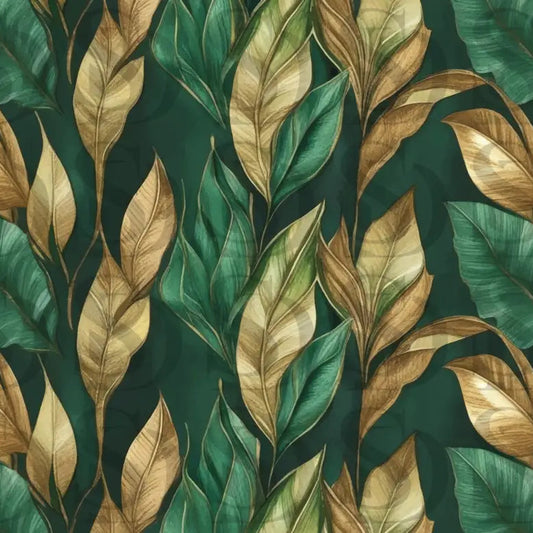 Seamless green and gold botanical leaf pattern tile preview