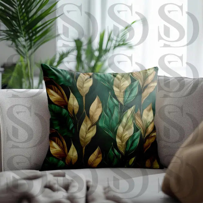 Decorative pillow featuring luxe botanical leaves pattern