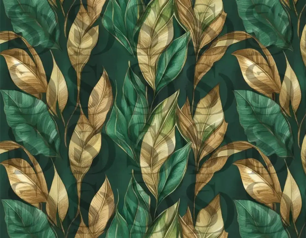 Seamless green and gold botanical leaf pattern tile preview
