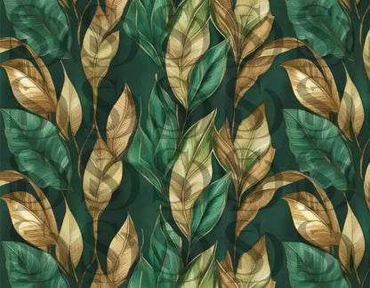 Seamless green and gold botanical leaf pattern tile preview