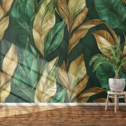 Elegant botanical leaves wallpaper in modern interior