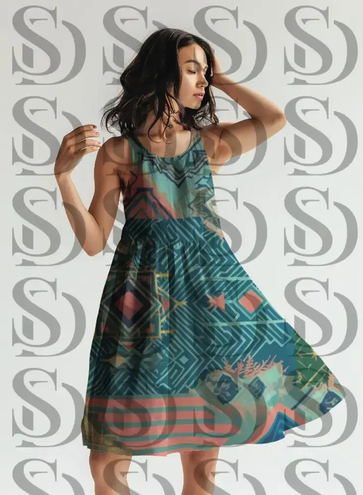 Modern geometric tribal pattern applied on sleeveless fashion dress mockup