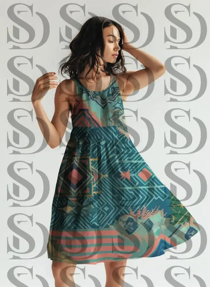 Modern geometric tribal pattern applied on sleeveless fashion dress mockup
