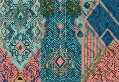 Modern tribal geometric seamless pattern in teal and coral color palette