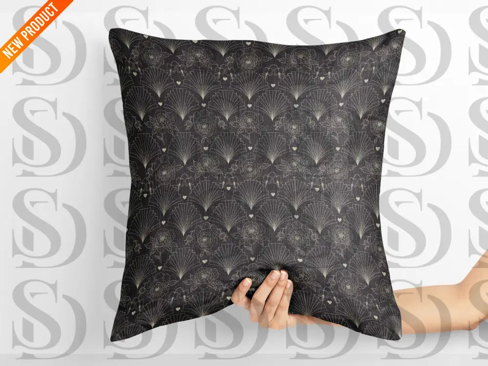 Decorative pillow featuring art deco fan and floral seamless pattern
