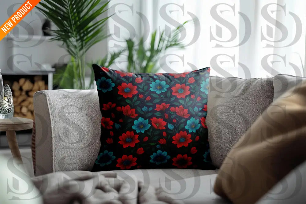 Decorative throw pillow with seamless red and teal floral pattern on dark background displayed on a modern sofa for home décor inspiration