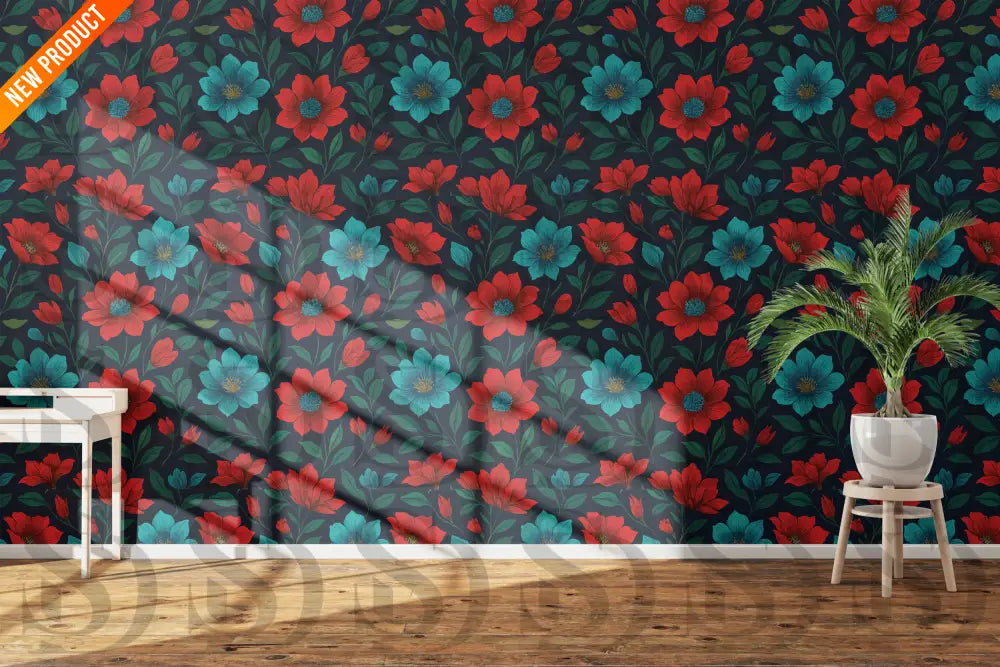 Interior wall styled with seamless floral wallpaper featuring red and teal flowers on a dark background, ideal for modern home and interior design