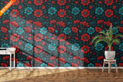 Interior wall styled with seamless floral wallpaper featuring red and teal flowers on a dark background, ideal for modern home and interior design