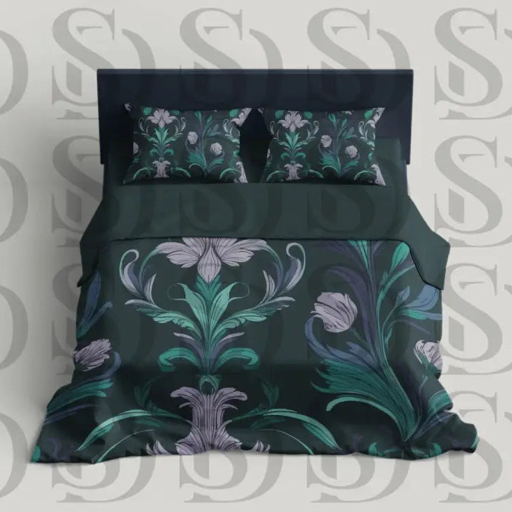 Luxury bedding set featuring midnight botanical damask pattern