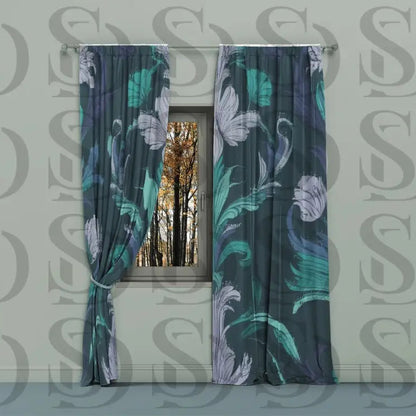 Decorative curtains with dark botanical damask floral design