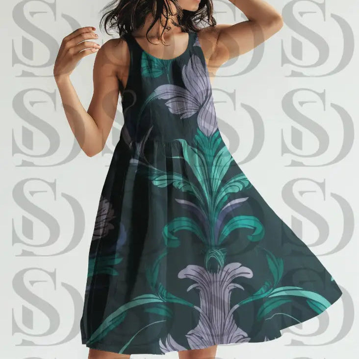 Fashion dress showcasing elegant midnight botanical damask print