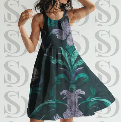 Fashion dress showcasing elegant midnight botanical damask print
