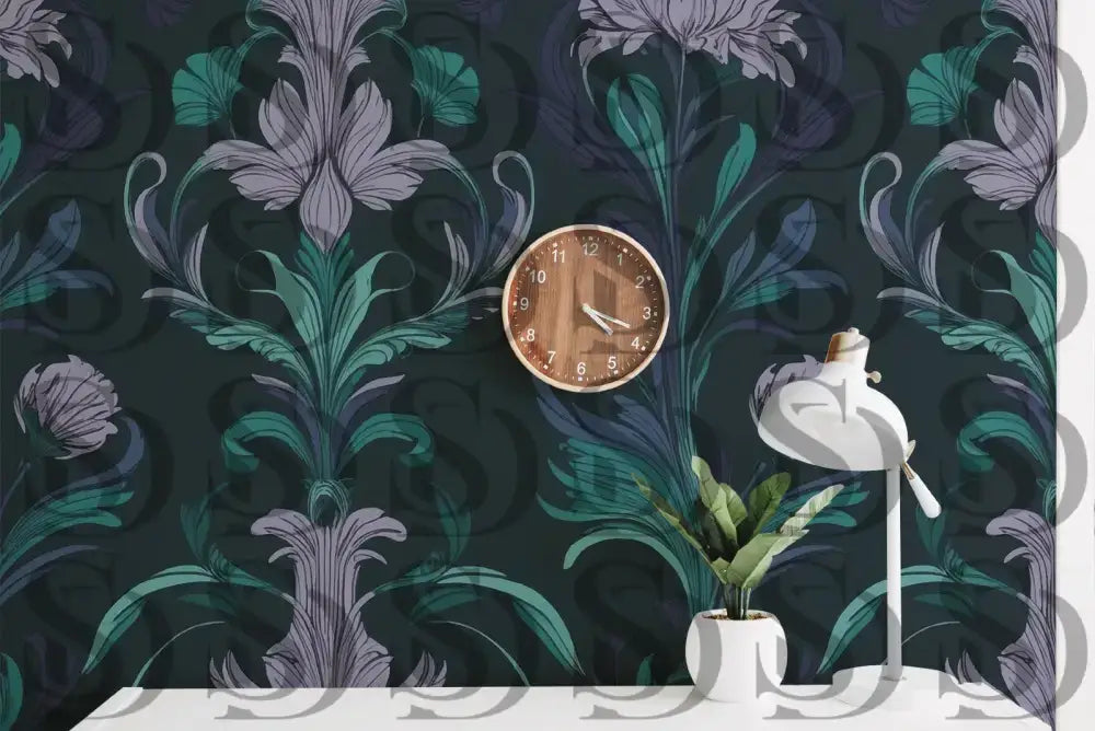 Elegant botanical damask wallpaper displayed in a modern interior