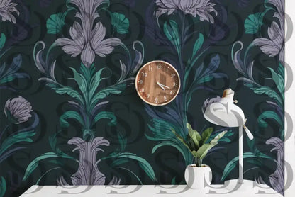 Elegant botanical damask wallpaper displayed in a modern interior