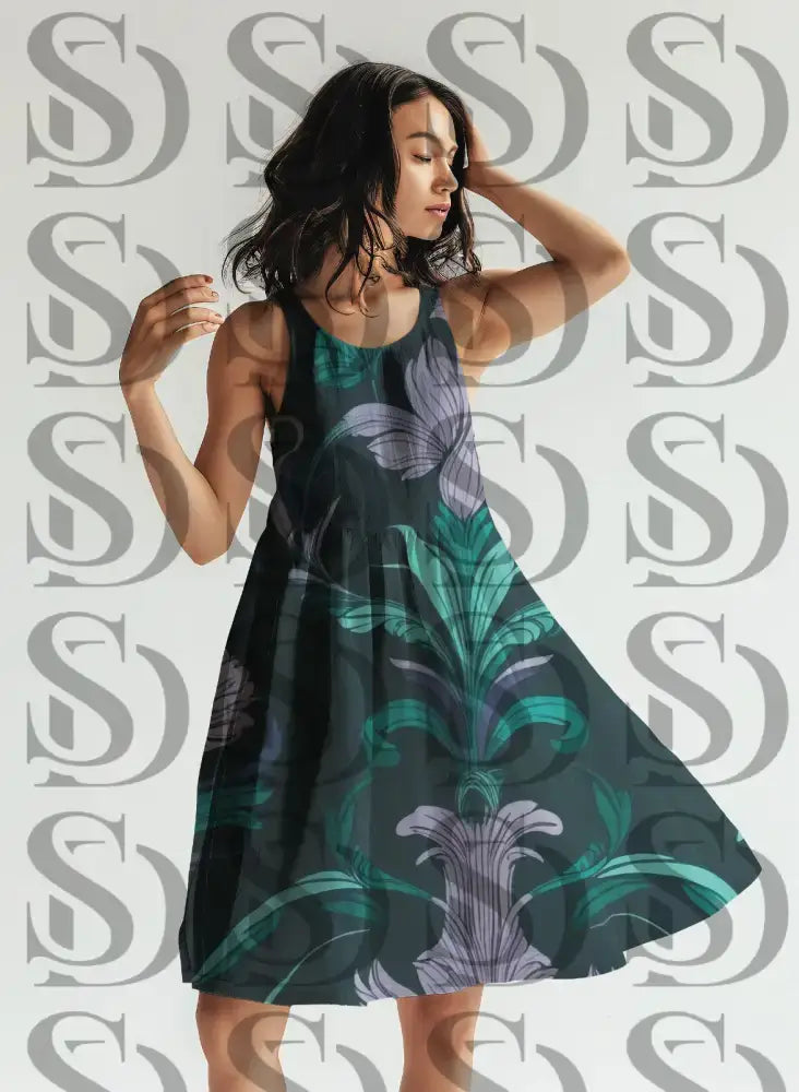Fashion dress showcasing elegant midnight botanical damask print