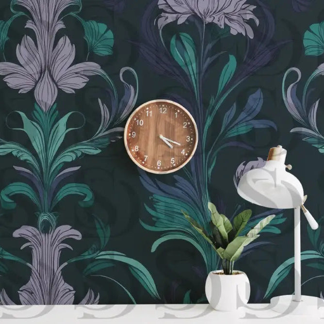 Elegant botanical damask wallpaper displayed in a modern interior