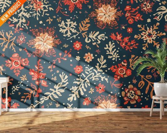 Room interior mockup featuring a dark midnight blue wallpaper with warm coral and peach floral seamless pattern, sunlight casting shadows across the wall.