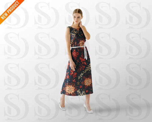 Fashion mockup of a model wearing a long dress printed with a dark blue seamless floral pattern in coral, peach, and beige tones.
